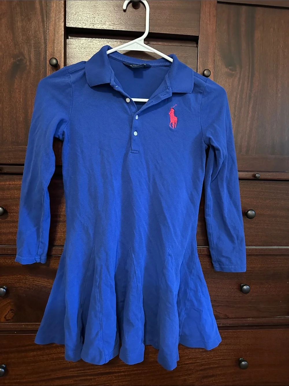 Ralph Lauren Girls' Long-Sleeve Polo Dress in Royal Blue with Pink Logo Size 6
